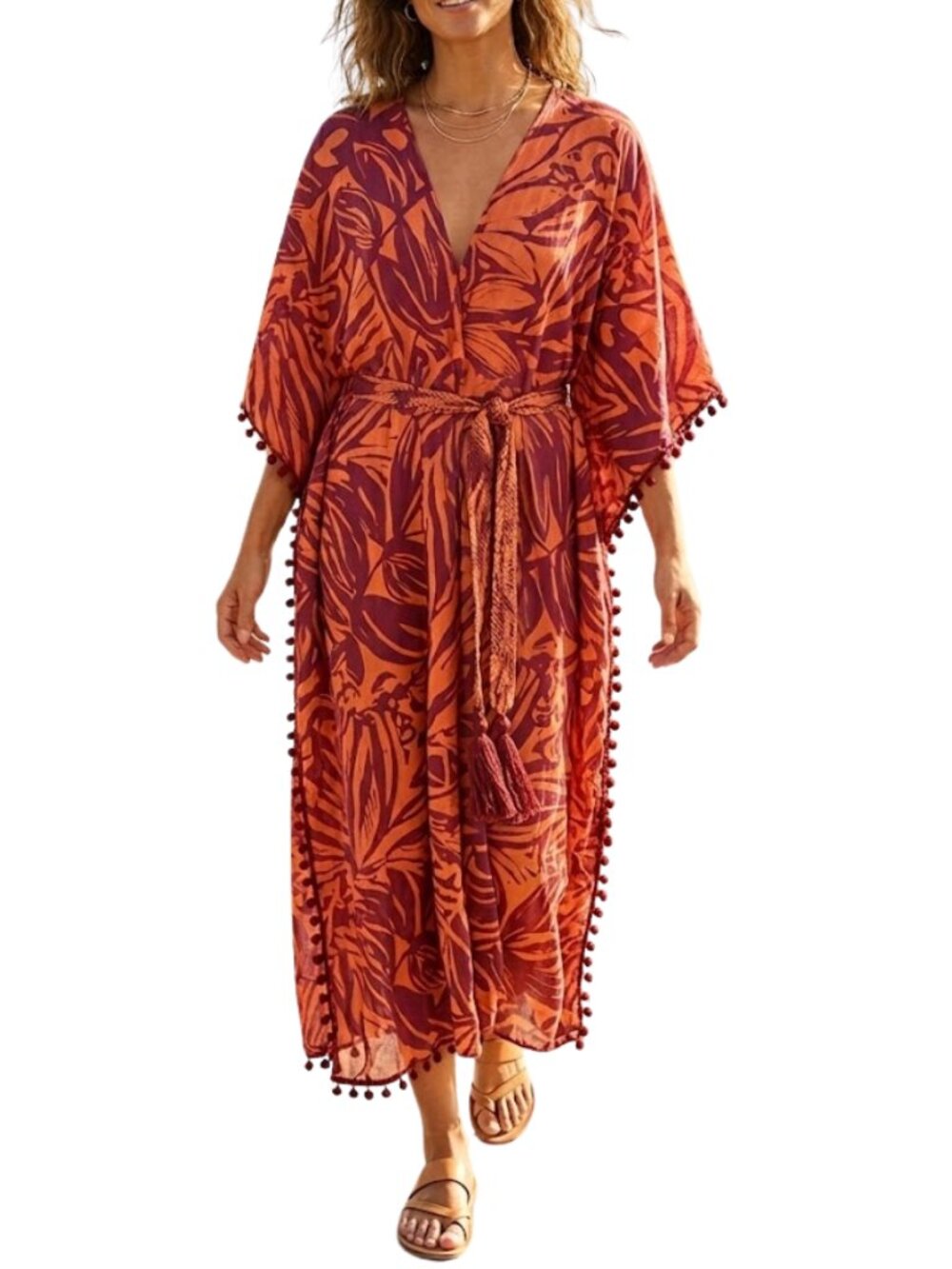True Destinations Kaftan Cover Up Small Orange Burgundy Tropical Pom Pom Boho